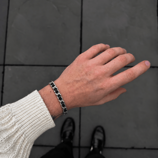 Men's Cuban Leather Bracelet worn on wrist with black leather and silver-tone chain details