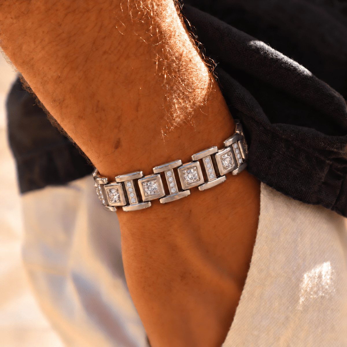 Men's Prism Link Bracelet styled with a brown jacket for a modern casual look