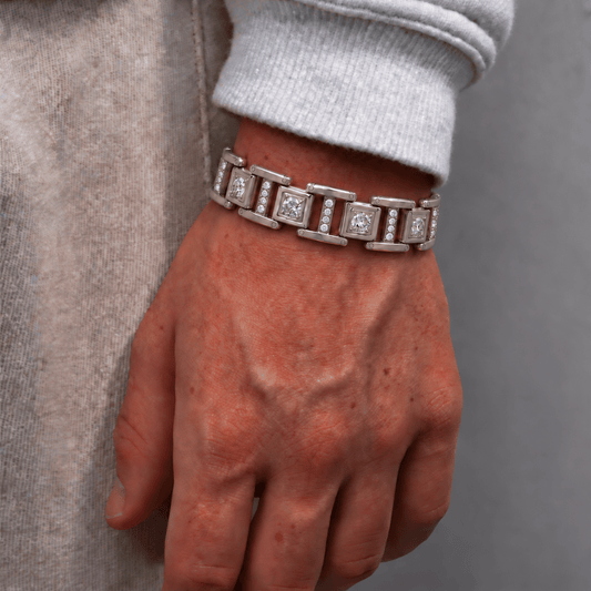 Men's Prism Link Bracelet worn on wrist featuring polished silver-tone rectangular links