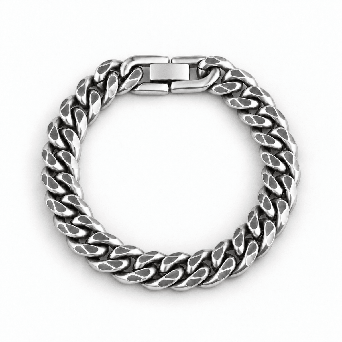 Cuban Chain Bracelet silver-tone Cuban link bracelet displayed in a circular shape on white background