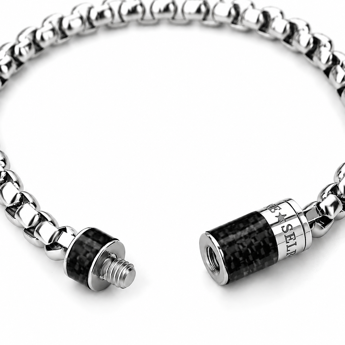 Close-up of Carbon Core Bracelet showing silver-tone chain links and screw-lock clasp details
