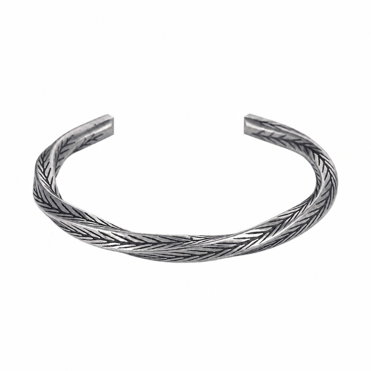 Aether Cuff men's silver-tone open cuff bracelet with twisted textured design on white background