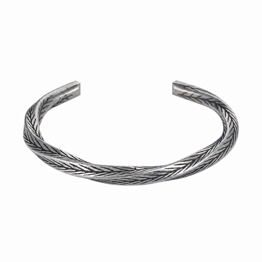 Aether Cuff men's silver-tone open cuff bracelet with twisted textured design on white background