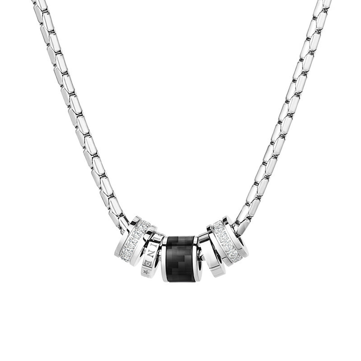 Barrel Accent Necklace silver-tone chain necklace with barrel-shaped accents on white background