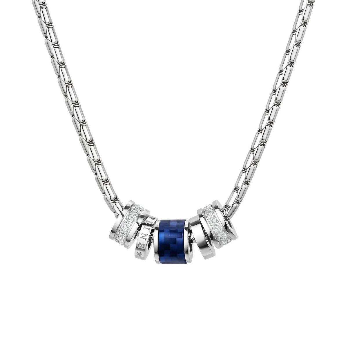 Barrel Accent Necklace with blue accent detail and silver-tone chain on white background