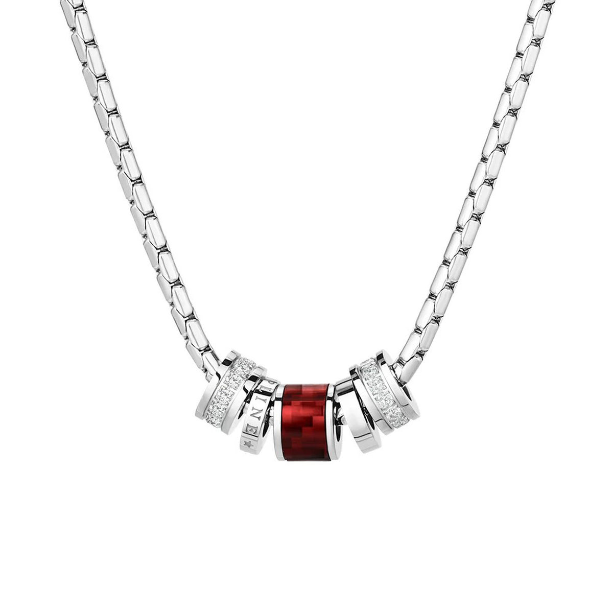 Barrel Accent Necklace with red accent detail and silver-tone chain on white background