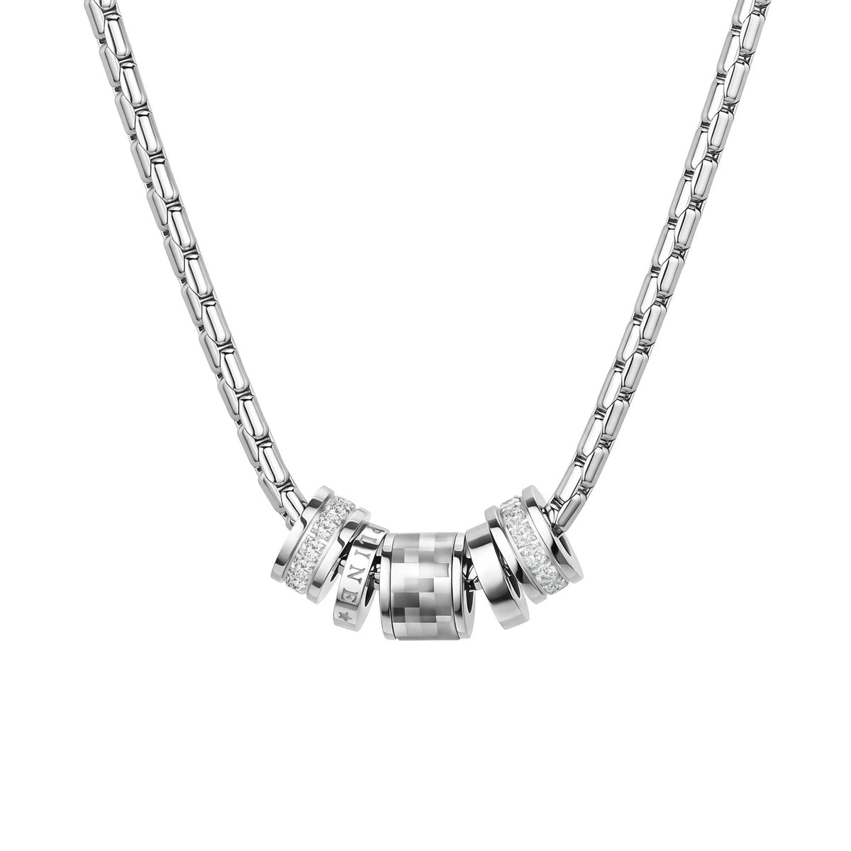 Barrel Accent Necklace silver-tone chain with decorative barrel accents on white background
