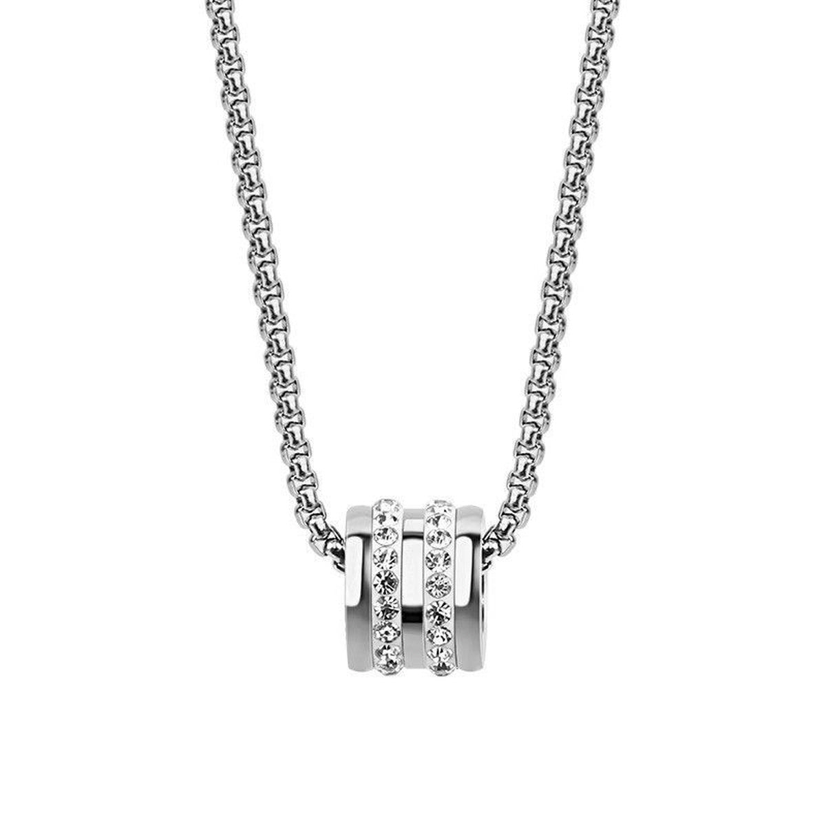 Pavé Barrel Necklace silver-tone chain necklace with sparkling barrel pendant on white background