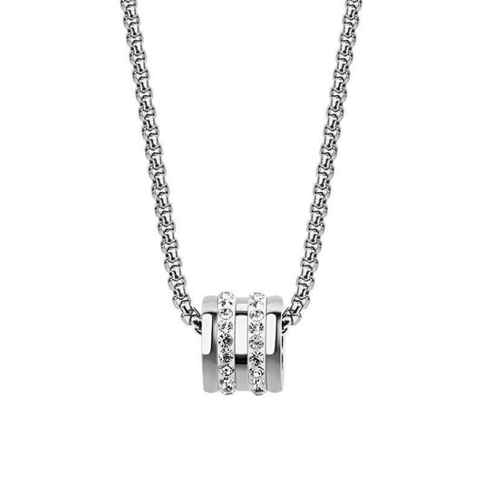 Pavé Barrel Necklace silver-tone chain necklace with sparkling barrel pendant on white background