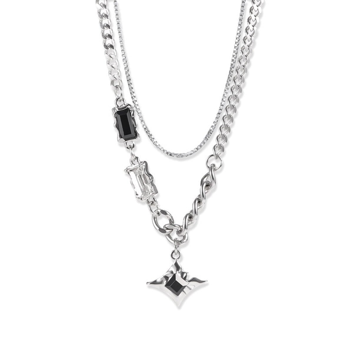 Starburst Layered Necklace men's silver-tone double chain necklace with starburst pendant on white background