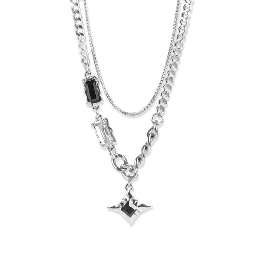 Starburst Layered Necklace men's silver-tone double chain necklace with starburst pendant on white background