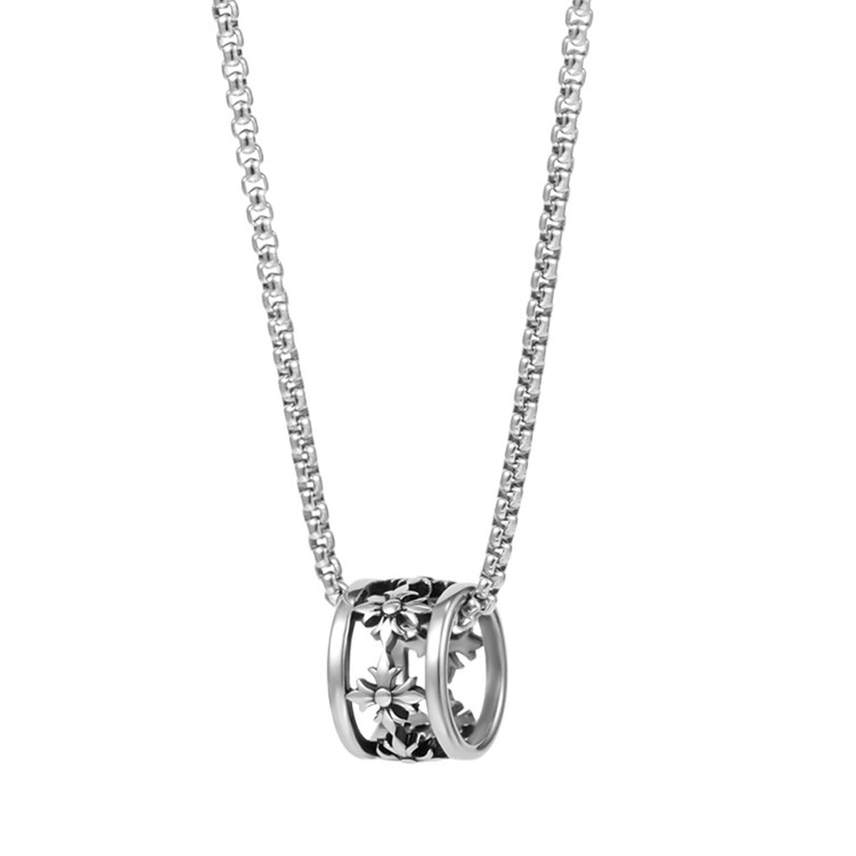 Iris Bead Necklace silver-tone chain necklace with an engraved cylindrical bead pendant on white background