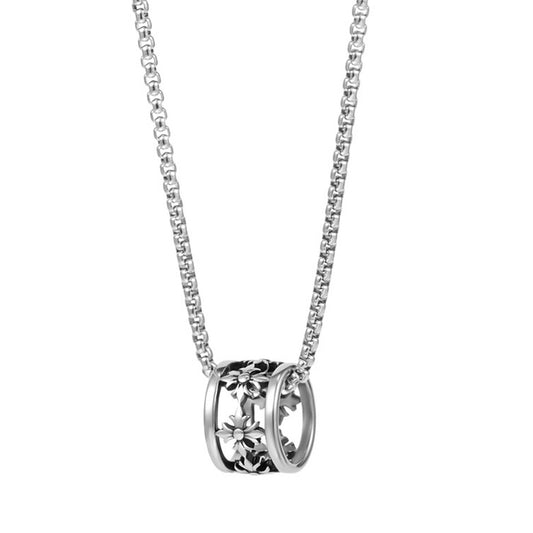 Iris Bead Necklace silver-tone chain necklace with an engraved cylindrical bead pendant on white background
