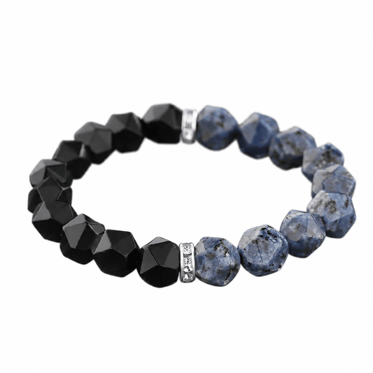 Poseidon Bracelet men's black and blue faceted beaded bracelet on white background