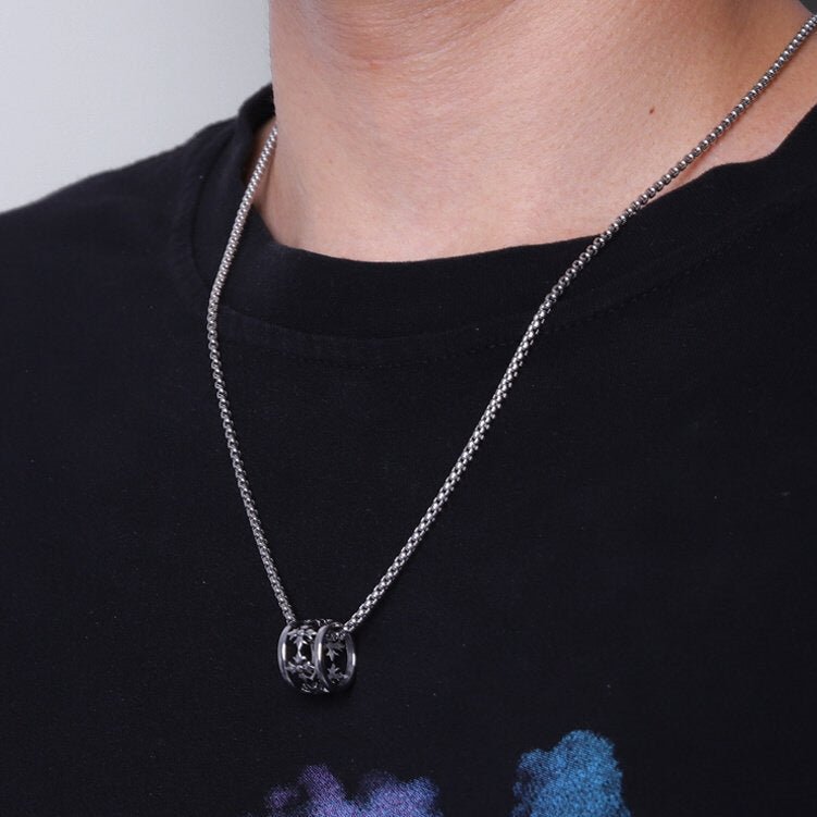 Men's Iris Bead Necklace styled with a black T-shirt for a casual everyday look