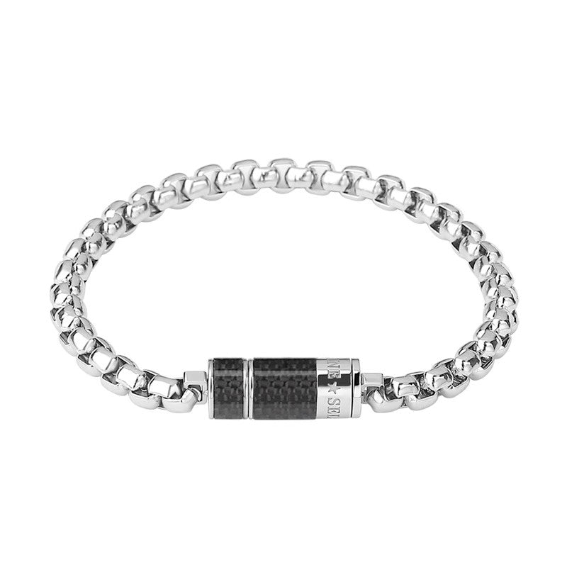 Carbon Core Bracelet men's silver-tone chain bracelet with black carbon-style accents on white background