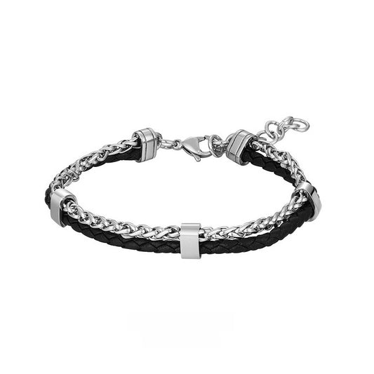 Forge Leather Bracelet men's black braided leather bracelet with silver-tone metal clasp on white background