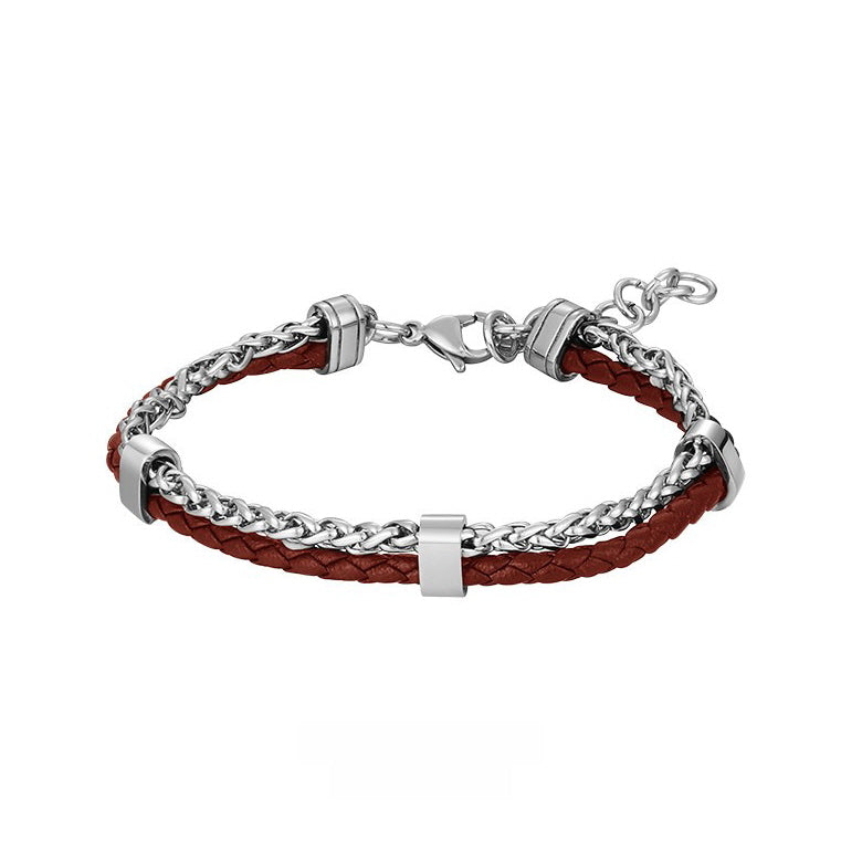 Forge Leather Bracelet black braided leather band with silver-tone clasp and red accent detail on white background