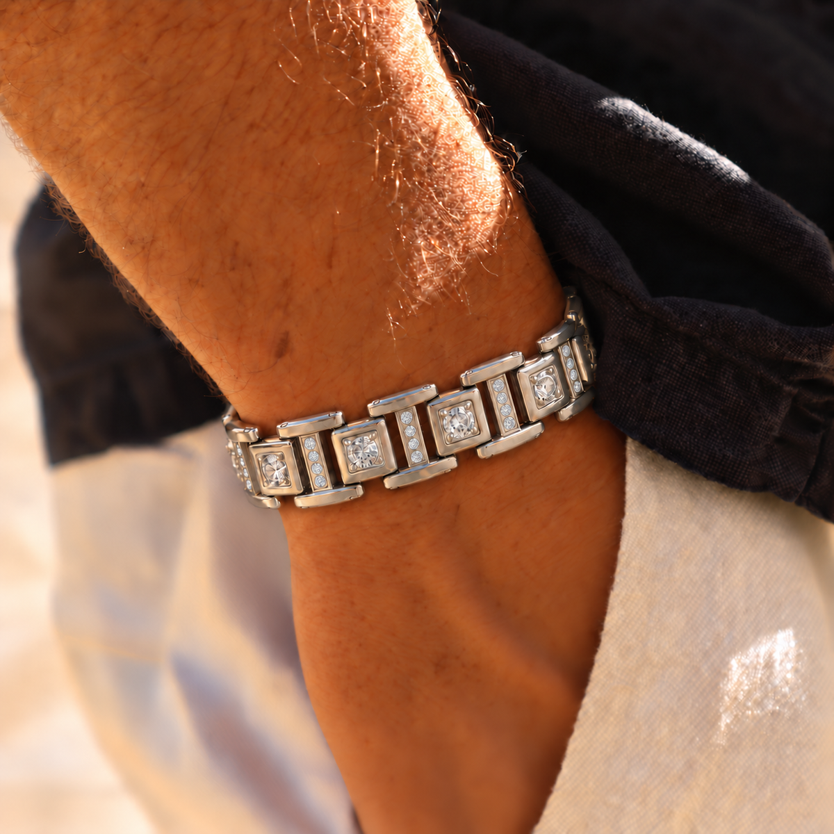 Men's Prism Link Bracelet styled with a brown jacket for a modern casual look