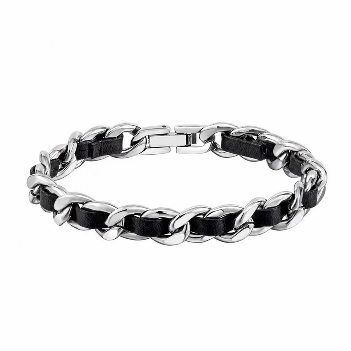 Cuban Leather Bracelet men's black leather bracelet with silver-tone Cuban chain accents on white background