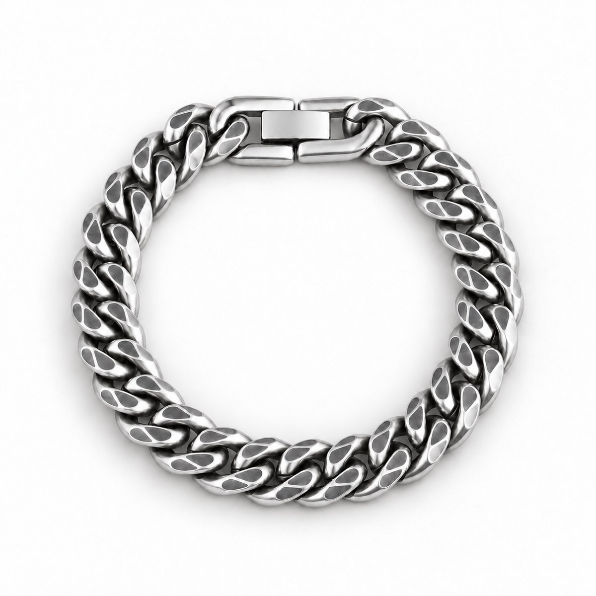 Cuban Chain Bracelet silver-tone Cuban link bracelet displayed in a circular shape on white background